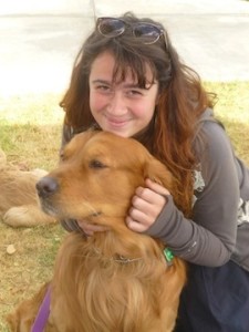 Morgan Rain with a therapy dog.