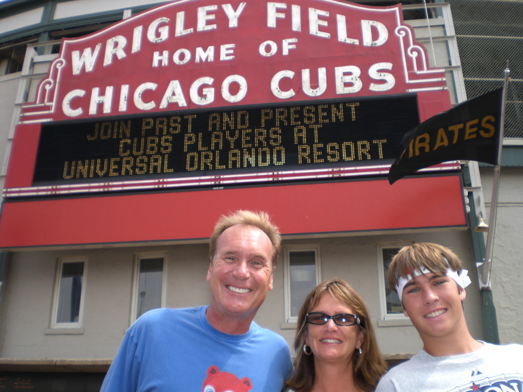 Himmel, a Chicago Cubs fan, at Wrigley Field with wife Joanie and son Miles.