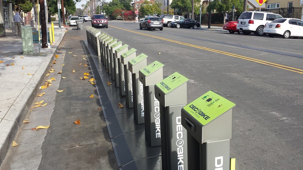 A DecoBike bike sharing station at 28th and B streets in Golden Hill on Thursday. The station has bike stands but no bikes. (Photo by Clakre Trageser)