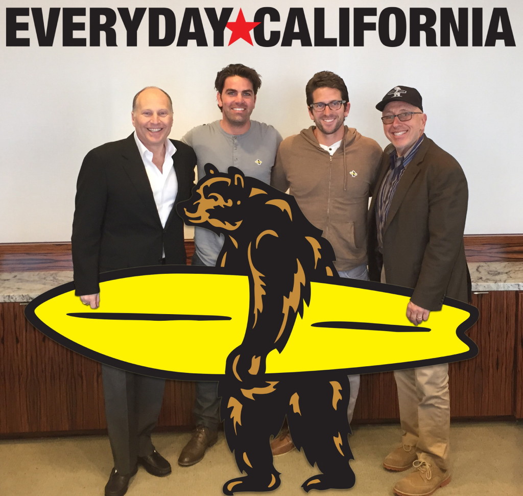 From left, Henry Stupp, CEO of Cherokee Global Brands, Christopher Lynch and Michael Samer, founders of Everyday California, and Howard Siegel, president, COO of Cherokee Global Brands. Oh, that’s ‘Brutus’ in front.