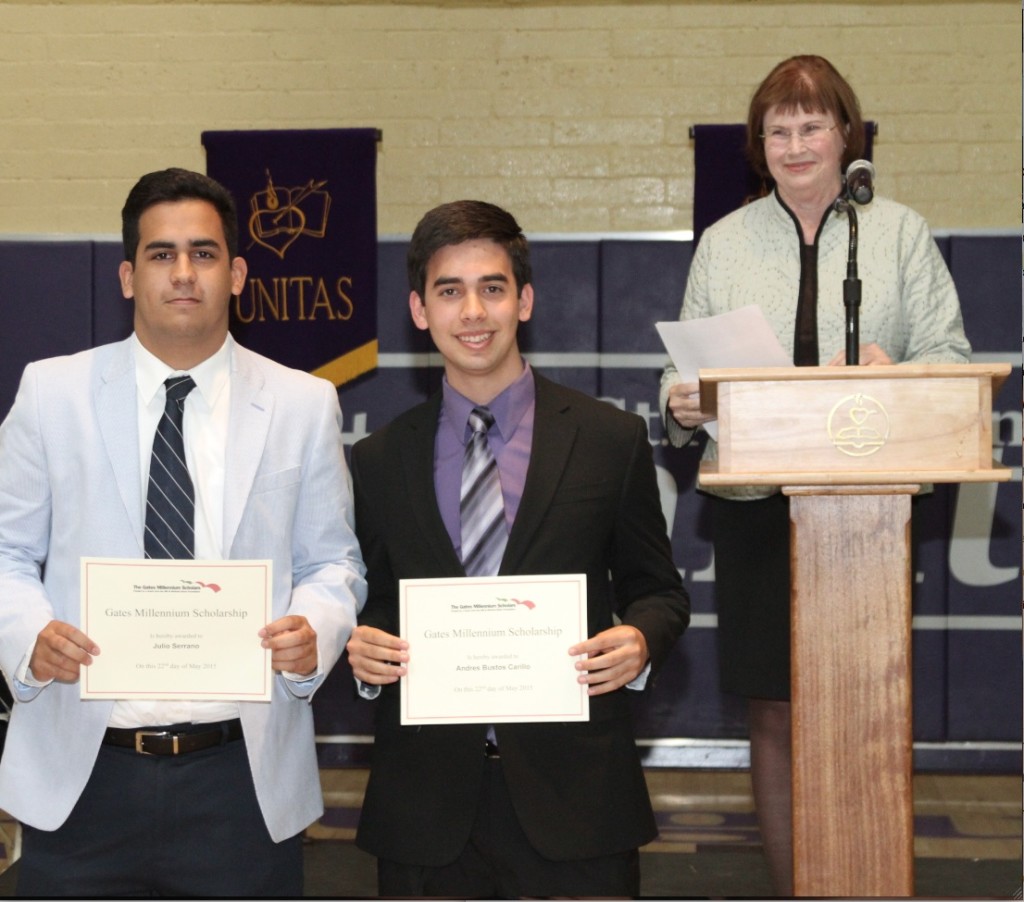 Graduating St. Agustine High seniors Julio Serrano (left) and Andres Bustos were recently presented Gates Foundation Scholarships that fund their college studies through graduate studies. The top awards were presented by St. Augustine High School College Counselor Nancy Caine.  
