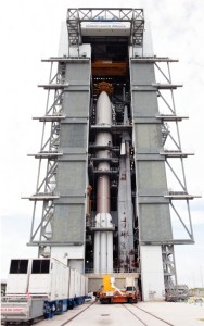 The U.S. Navy's fourth Mobile User Objective System (MUOS) satellite, encapsulated in a 5-meter payload fairing, is mated to an Atlas V booster inside the Vertical Integration Facility at Cape Canaveral’s Space Launch Complex-41.
