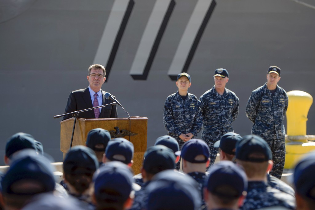 Secretary of Defense Ash Carter speaks to sailors during a troop event in San Diego. U.S. Navy photo by Mass Communication Specialist 1st Class Tim D. Godbee)