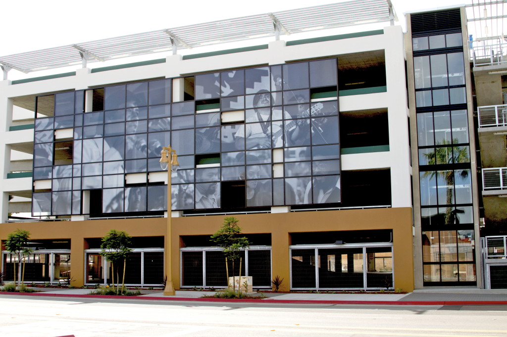 The car park includes photographic murals featuring the life and work of César Chávez.