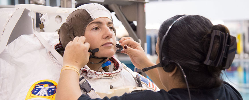 Astronaut Jessica Meir undergoes extravehicular activity training at NASA’s Johnson Space Center in this recently released NASA photo. Photographer: James Blair/NASA