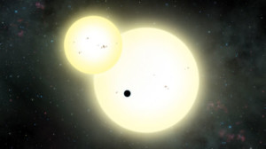 Artist’s impression of Kepler-1647 b transiting in front of its two suns. (Courtesy SDSU)