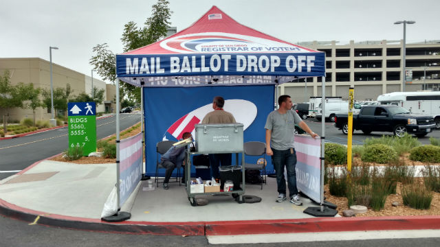 The mail ballot drop off booth at the San Diego County Registrar of Voters. (Photo by Chris Jennewein/Times of San Diego)