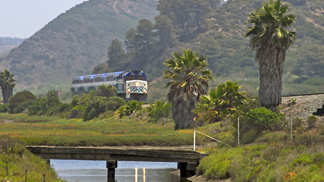 A Coaster train crosses the lagoon south of Del Mar. (Photo courtesy North County Transit District)