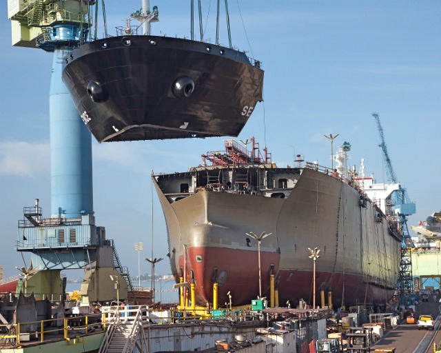 A tanker under construction at the General Dynamics NASSCO shipyard. (Photo courtesy NASSCO)