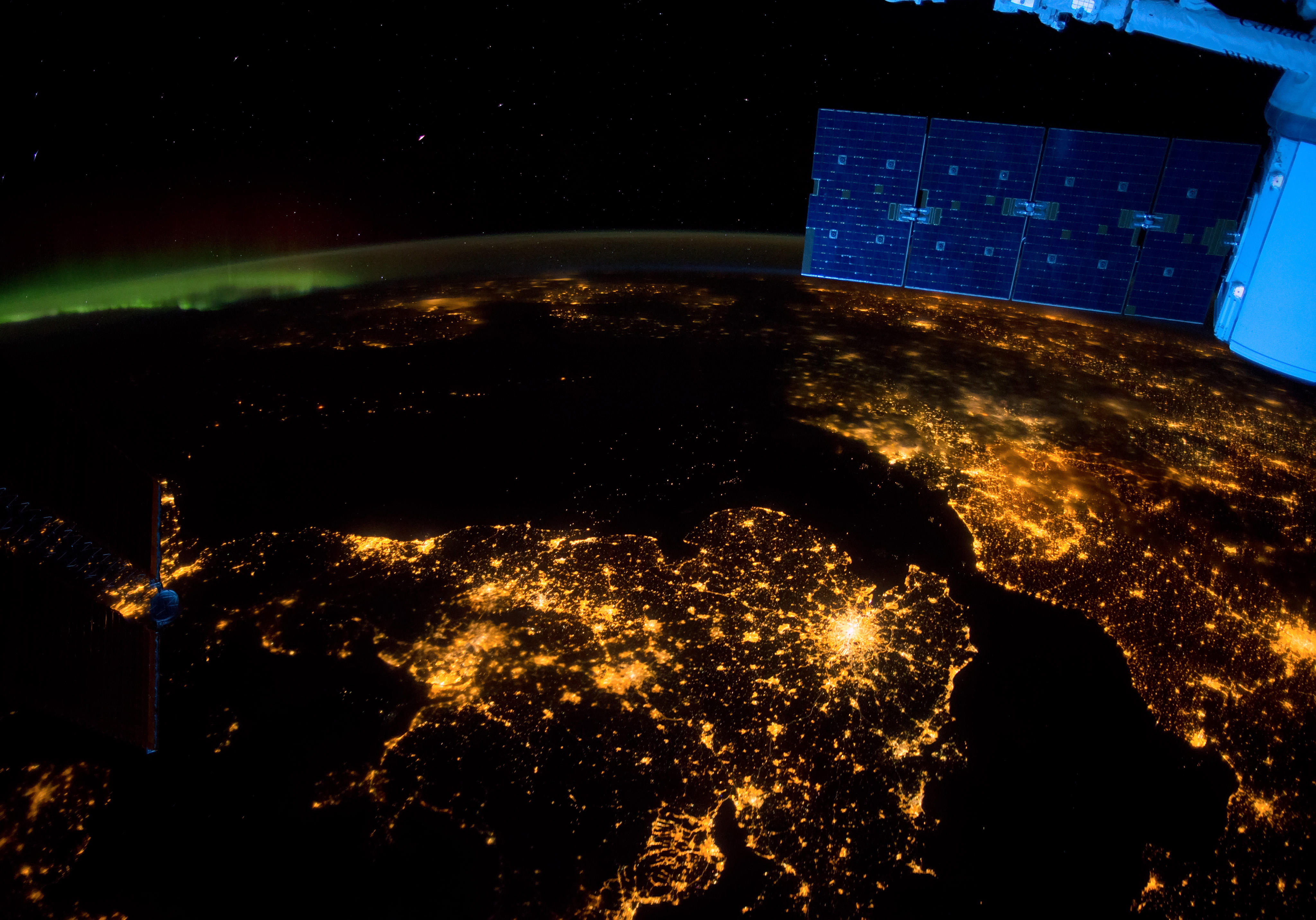 A night shot from the International Space Station. Illuminated are the cities of London, Paris, Amsterdam as seen in the new IMAX film.