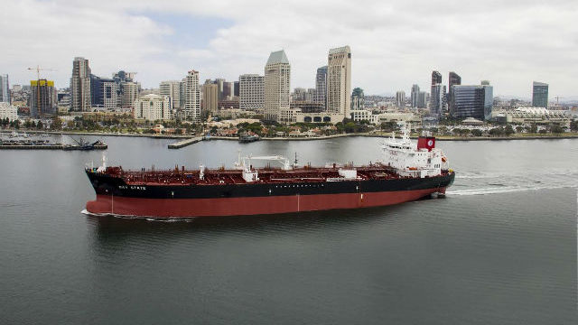 The tanker Bay State off Downtown San Diego during sea trials. (Courtesy NASSCO)