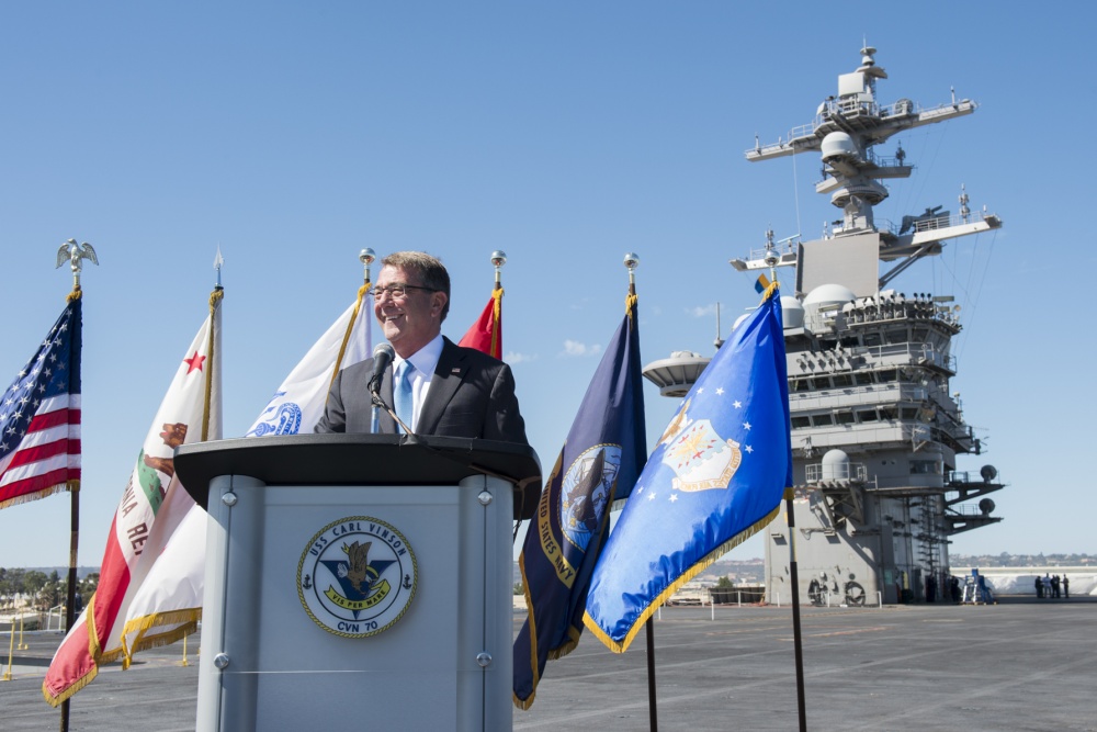 Secretary of Defense Ash Carter speaks with sailors aboard the USS Carl Vinson. (Photo by U.S. Air Force Tech. Sgt. Brigitte N. Brantley) 