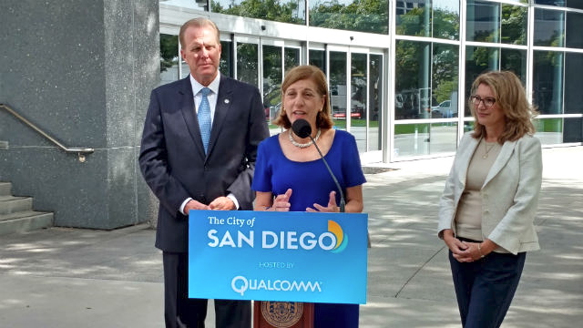 City Council candidate Barbara Bry (center) with Mayor Kevin Faulconer and Intuit’s Whitney MacDougall at Qualcomm’s headquarters. (Photo by Chris Jennewein) 