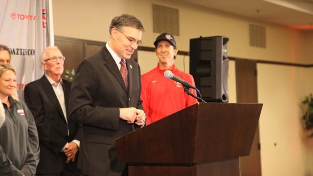 John David Wicker speaks at the press conference announcing his hire. (Courtesy SDSU)