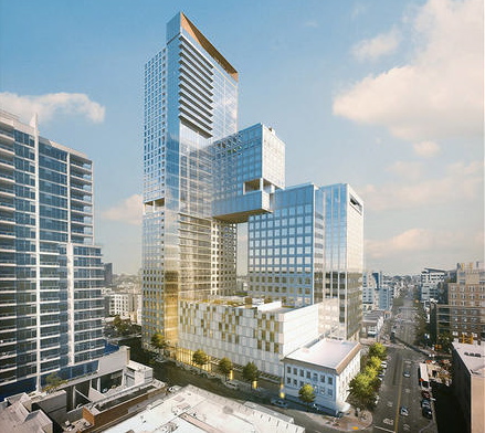 The 7th & Market project includes Ritz-Carlton Residences in the upper floors, a Ritz-Carlton Hotel in the middle floors and apartments in lower floors. The taller tower connects to the office building. Historic Clermont Hotel, in the lower right-hand corner, will remain. (Carrier Johnson + Culture)