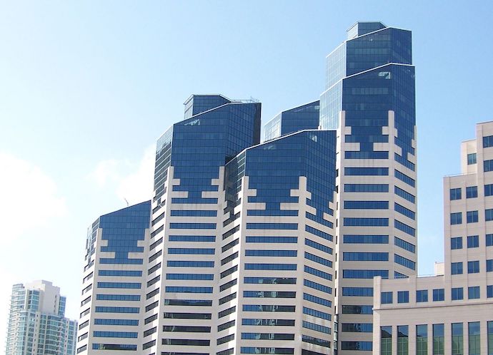 The office complex at Emerald Plaza is characterized by its distinctive hexagonal towers ranging from 20 to 30 stories making it one of the tallest buildings in San Diego.