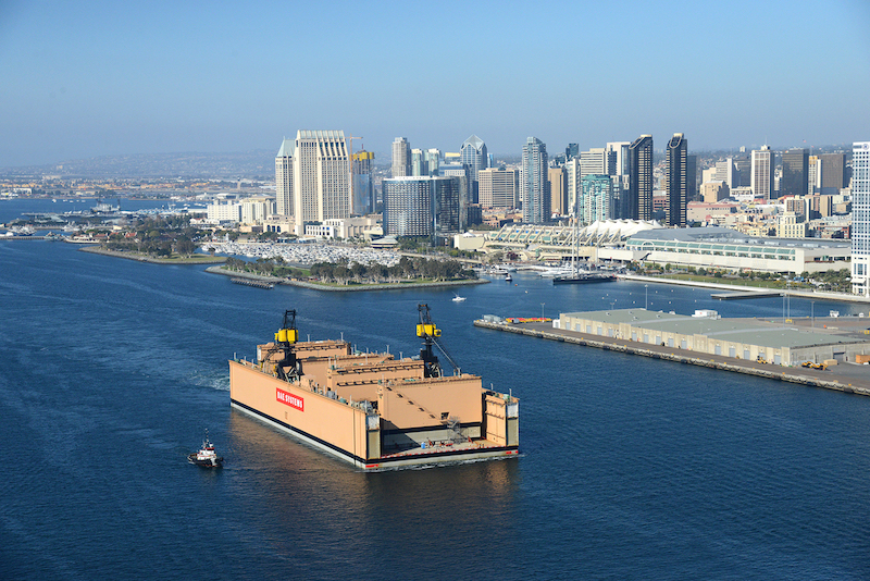 At 950 feet long and capable of lifting 55,000 long tons, BAE Systems’ new San Diego drydock is the largest floating dry dock in California. (Photo: BAE Systems)