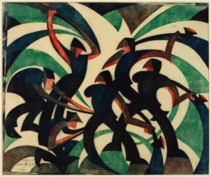 Sybil Andrews, Sledgehammers, 1933, color linocut © The Trustees of the British Museum