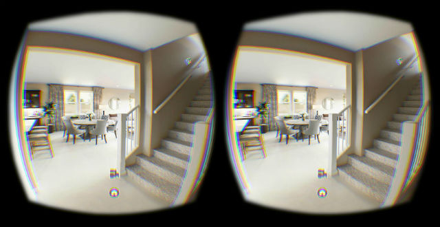 A closeup of stereo images of a home in virtual reality googles.