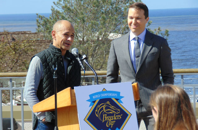 Jockey Mike Smith, left, with racing commentator Laffit Pincay III. (Photo by Chris Jennewein, Times of San Diego)