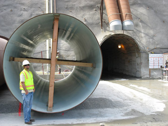 Water will flow back and forth between Hodges and Olivenhain Reservoirs within this 10-foot diameter steel pipe. The pipe’s epoxy coat protects the steel pipe from internal corrosion. In total, 148 sections of pipe were used.