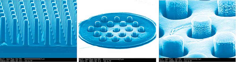 Scanning electron micrograph (SEM) image of individual nanowires and groupies of nanowires. Each wire can produce an electric current when hit by light.