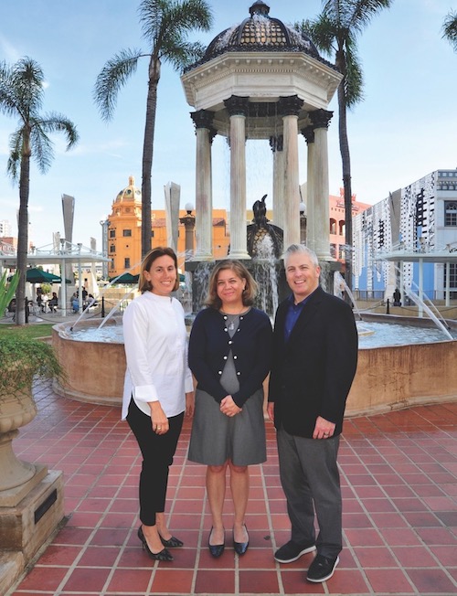 People in Preservation Award winner: the restoration of Horton Plaza Park and the Irving J. Gill Broadway fountain. From left: Kimberly Brewer, Westfield; Jodie Brown, senior planner, city of San Diego Historical Resources; Daniel Kay, Civic San Diego. (Photo by Sandé Lollis)