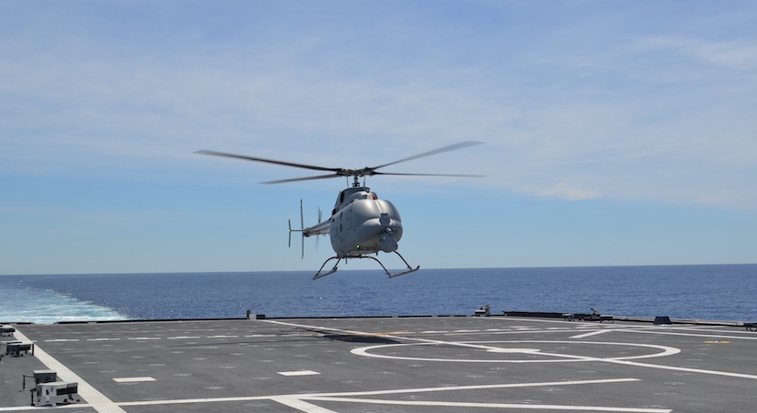 Northrop Grumman's MQ-8C Fire Scout helicopter alights from the USS Montgomery. (Northrop Grumman)