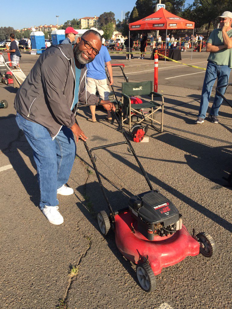 Neale Henderson from Skyline was first in line at 3:05 a.m. for 17th annual lawnmower exchange last year.