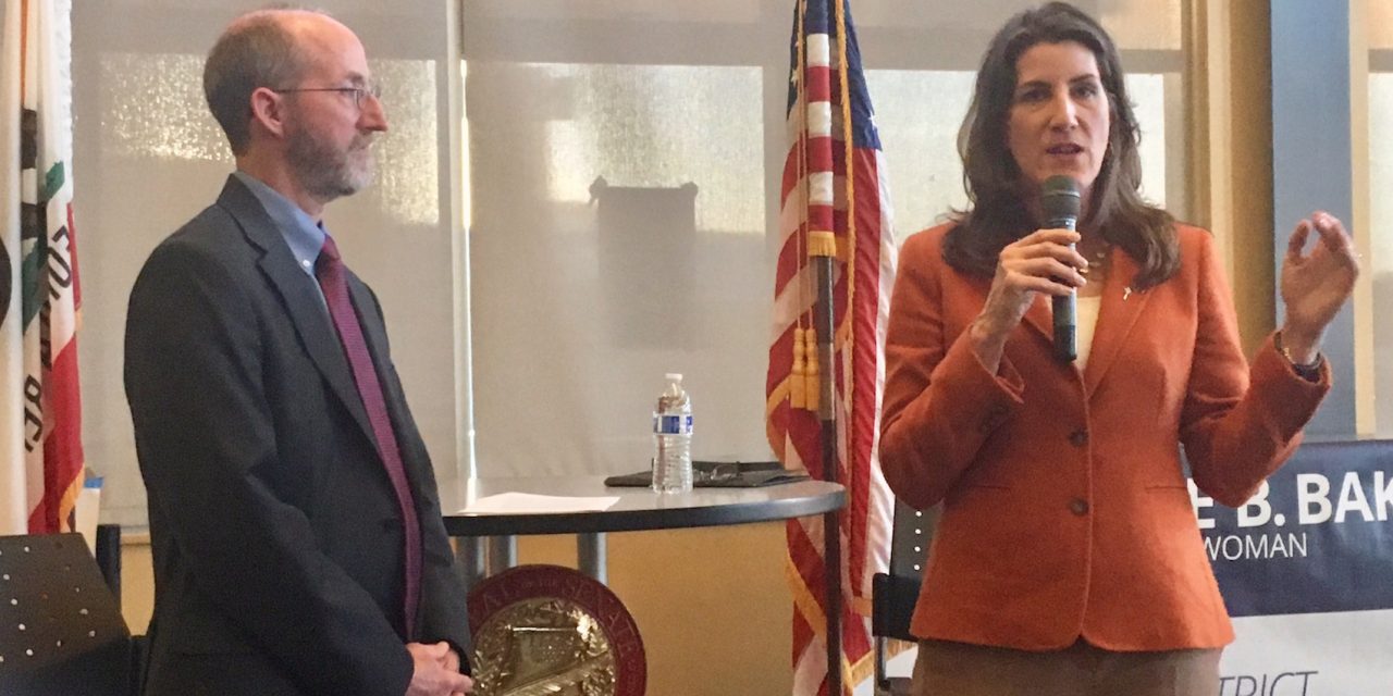 Right-leaning Democratic Sen. Steve Glazer and left-leaning Republican Assemblywoman Catharine Baker at a town hall this month in the East Bay. (Photo by Laurel Rosenhall for CALmatters)