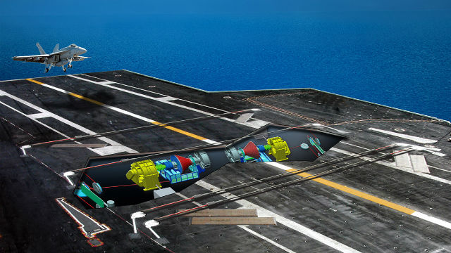 A rendering of the General Atomics Advanced Arresting Gear system.