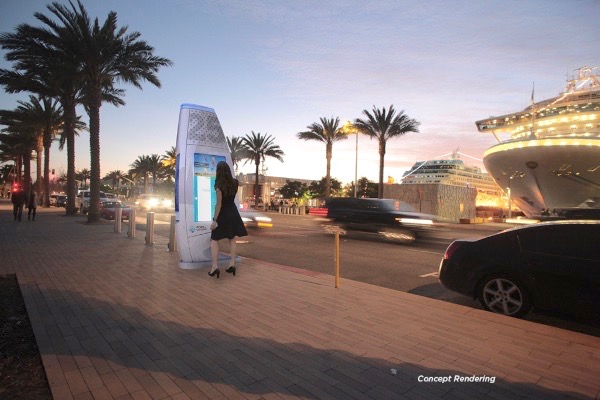 The proposed Interactive Kiosks will have touch screens that will offer an interactive experience to help people get directions and public transit information, explore restaurants and attractions and educate them about the port. (Rendering courtesy of San Diego Port District)