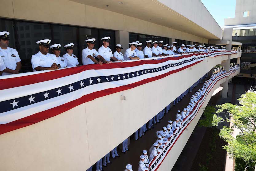 Staff members at Naval Medical Center San Diego line the walkways to watch the centennial ceremony. (Navy photo by Mass Communication Specialist 1st Class Elizabeth Merriam)
