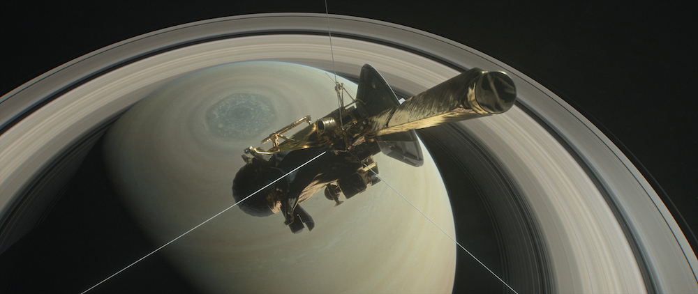 Illustration shows NASA’s Cassini spacecraft above Saturn’s northern hemisphere prio to one of its grand finale dives. (Credit: NASA/JPL-Caltech)