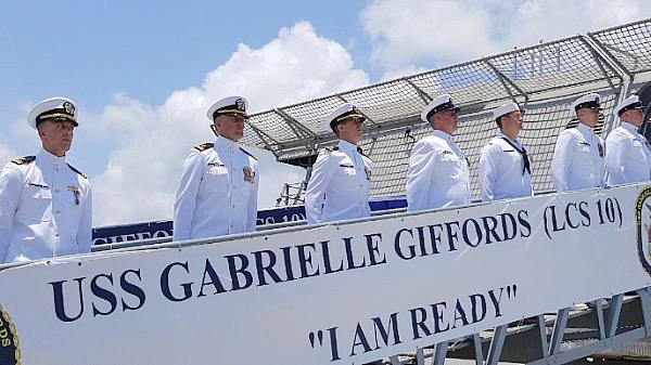 The crew of the USS Gabrielle Giffords at her christening. (U.S. Navy photo by Senior Chief Mass Communication Specialist Michael D. Mitchell)