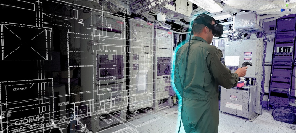 Lt. Clay Greunke, assigned to Space and Naval Warfare Systems Command (SPAWAR), demonstrates three-dimensional scanning and virtual reality by walking through processed scanned data from the guided-missile destroyer USS Truxtun (on right) compared to two-dimensional drawings of the ship (on left). (U.S. Navy photo illustration by Lt. Clay Greunke and Dawn Stankus)