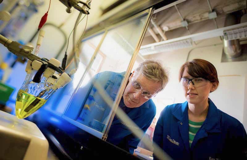 Chemists Clifford Kubiak and Kate Waldie, at right, are working on a device that chemically splits carbon dioxide into oxygen and carbon monoxide. Kubiak is a professor of chemistry and biochemistry and Waldie is a postdoctoral fellow working in his laboratory. (Photo by Erik Jepsen/UC San Diego Publications)