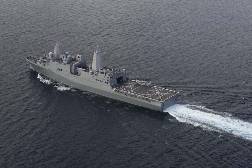 The amphibious transport dock ship USS San Diego simulates a straits transit off the coast of Southern California. San Diego was one of the ships used for the 3D ship scans. (U.S. Navy photo by Mass Communication Specialist Seaman Apprentice Chad Swysgood)