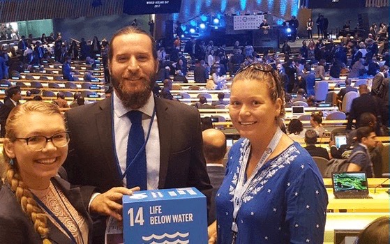 From left, Scripps students Natalya Gallo, Matt Costa, and Lynn Waterhouse at Ocean Conference at UN headquarters in New York.
