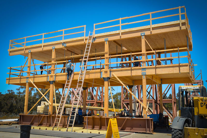 Researchers tested a two-story wooden structure at the UC San Diego shake table. (Photo courtesy of UC San Diego)