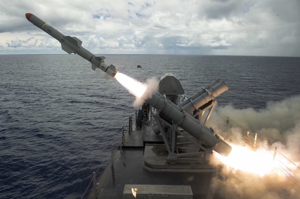 A harpoon missile launches from the missile deck of the littoral combat ship USS Coronado off the coast of Guam on Aug. 22. (U.S. Navy photo)