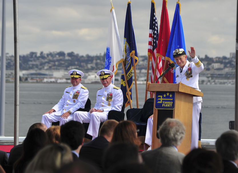 Vice Adm. Nora W. Tyson waves at Saturday’s change of command ceremonies. She is retiring after 38 years of service. (U.S. Navy photo by Mass Communication Specialist Seaman Natalie M. Byers)