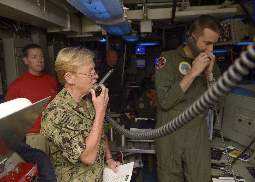 Vice Adm. Nora Tyson, commander of U.S. 3rd Fleet, speaks to the crew of the aircraft carrier USS Nimitz during a training exercise on April 14, 2017. (U.S. Navy photo by Mass Communication Specialist Seaman Leon Wong)