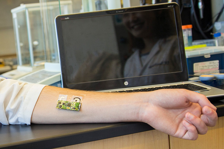 Flexible wearable sensor for detecting alcohol level can be worn on the arm. (Courtesy of UC San Diego Jacobs School of Engineering)