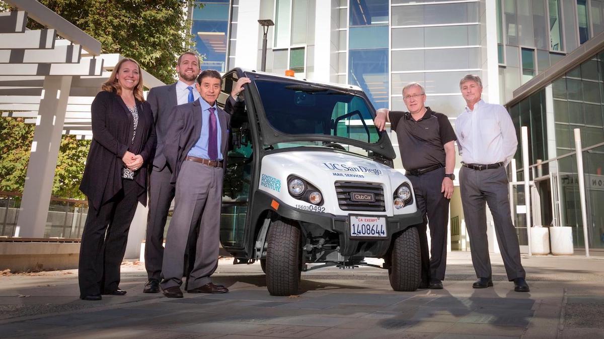 From left: Gisella Higgins, director of logistics; Jonathan Heinlein, associate director, business contracts; Frederico Gomez, manager, Mail Services — all three are part of the Integrated Procure-to-Pay Solutions unit on campus; and Henrik Christensen, director and Todd Hylton, executive director, Contextual Robotics Institute at UC San Diego.