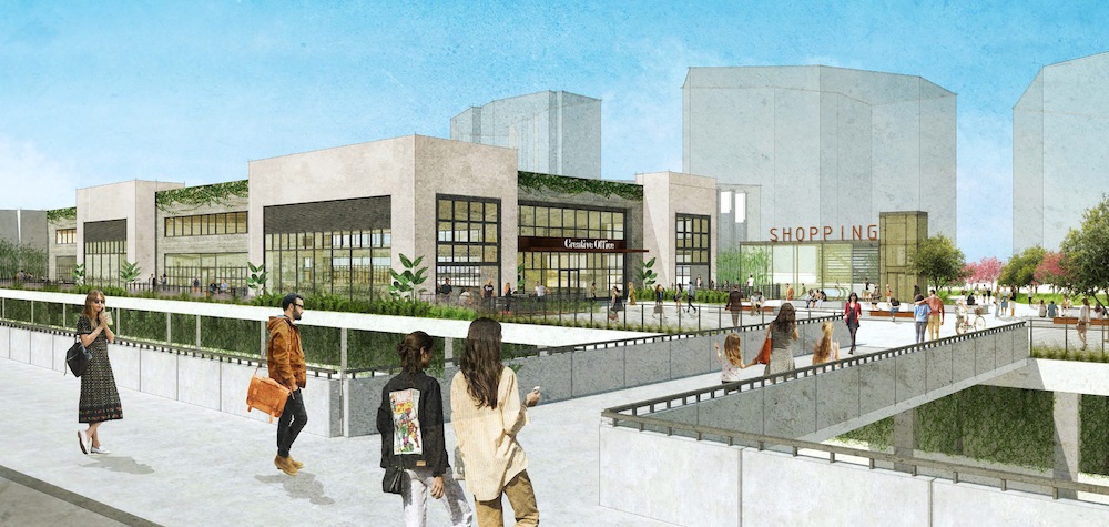 Rendering shows Mid-Coast Trolley riders exiting the UTC station platform onto Regency Center’s proposed rooftop park that welcomes riders to their center.