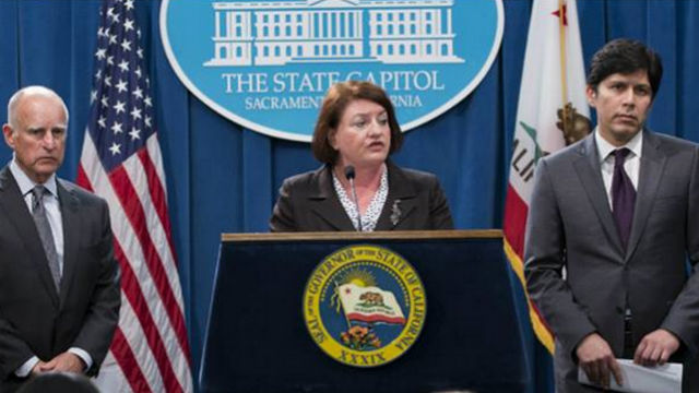 Sen. Toni Atkins with Gov. Jerry Brown (left) and Sen. Kevin de León. (Courtesy of Atkins’ office)