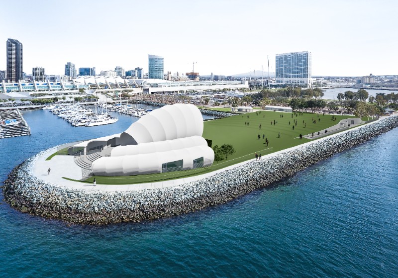 The San Diego Symphony proposes to construct a permanent outdoor performance and event venue in Embarcadero Marina Park South. (Conceptual rendering provided by Tucker Sadler.)
