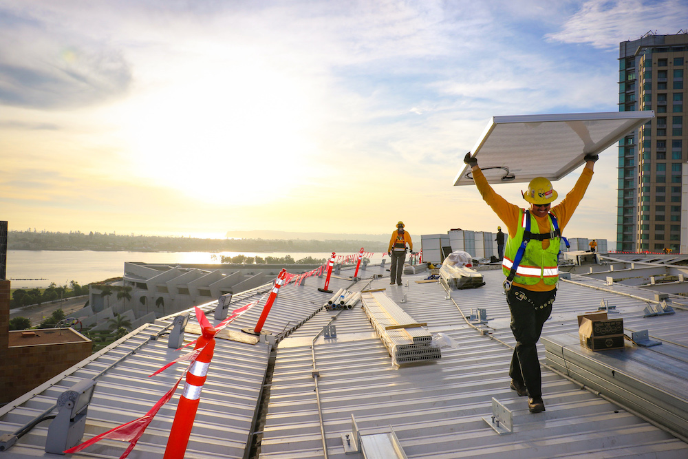 Sullivan Solar Power workers assemble solar panels atop Petco Park. (Photos courtesy of Sullivan Solar Power)