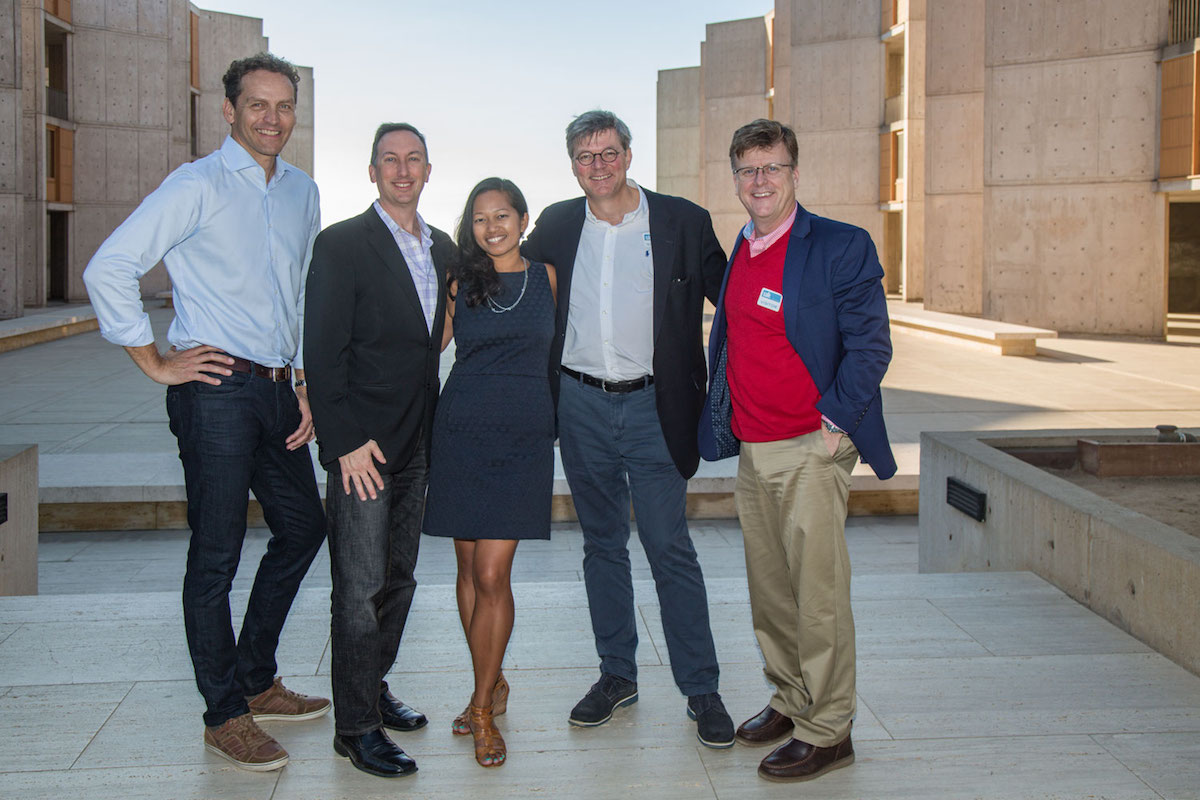 From left: Salk’s CSO Martin Hetzer, Cancer Center Director Reuben Shaw and Director of Business Development Tari Suprapto pictured with Indivumed’s Founder and CEO Hartmut Juhl and Managing Director Andrew Deubler.